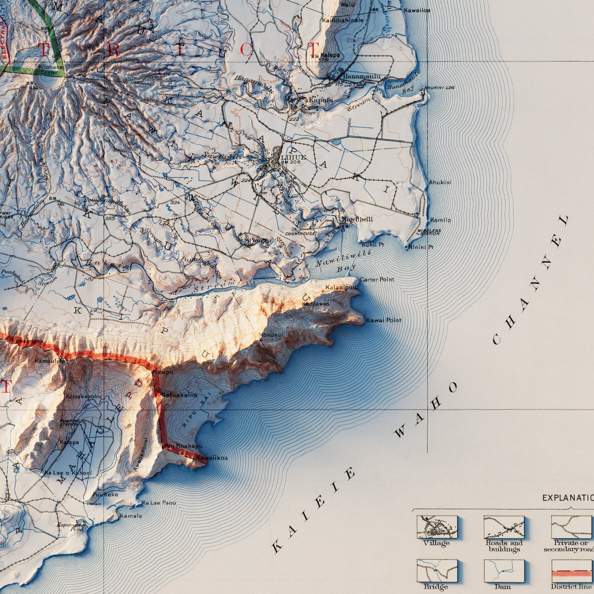 Kauai 1912 Shaded Relief Map - Muir Way - Vintage Relief