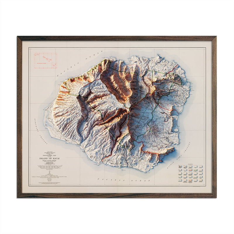 Kauai 1912 Shaded Relief Map - Muir Way - Vintage Relief