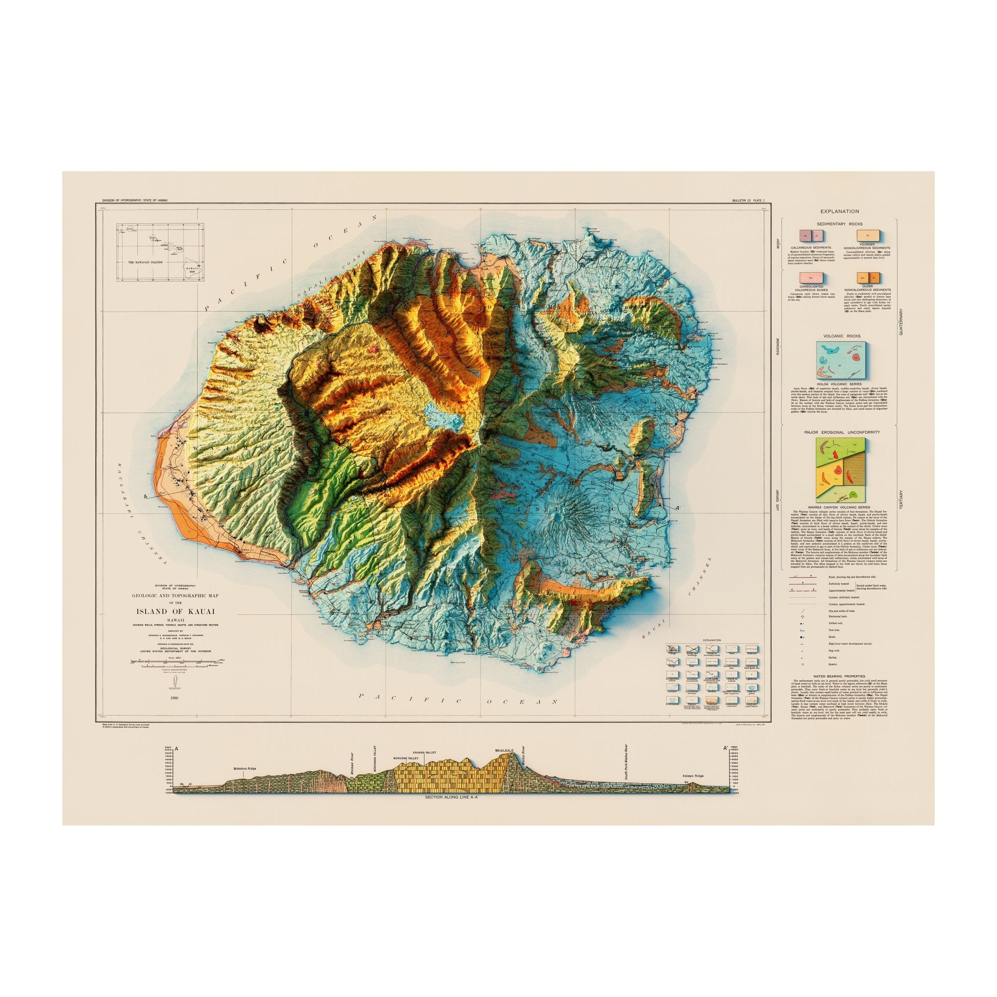 Kauai 1960 Geologic Shaded Relief Map - Muir Way - Vintage Relief