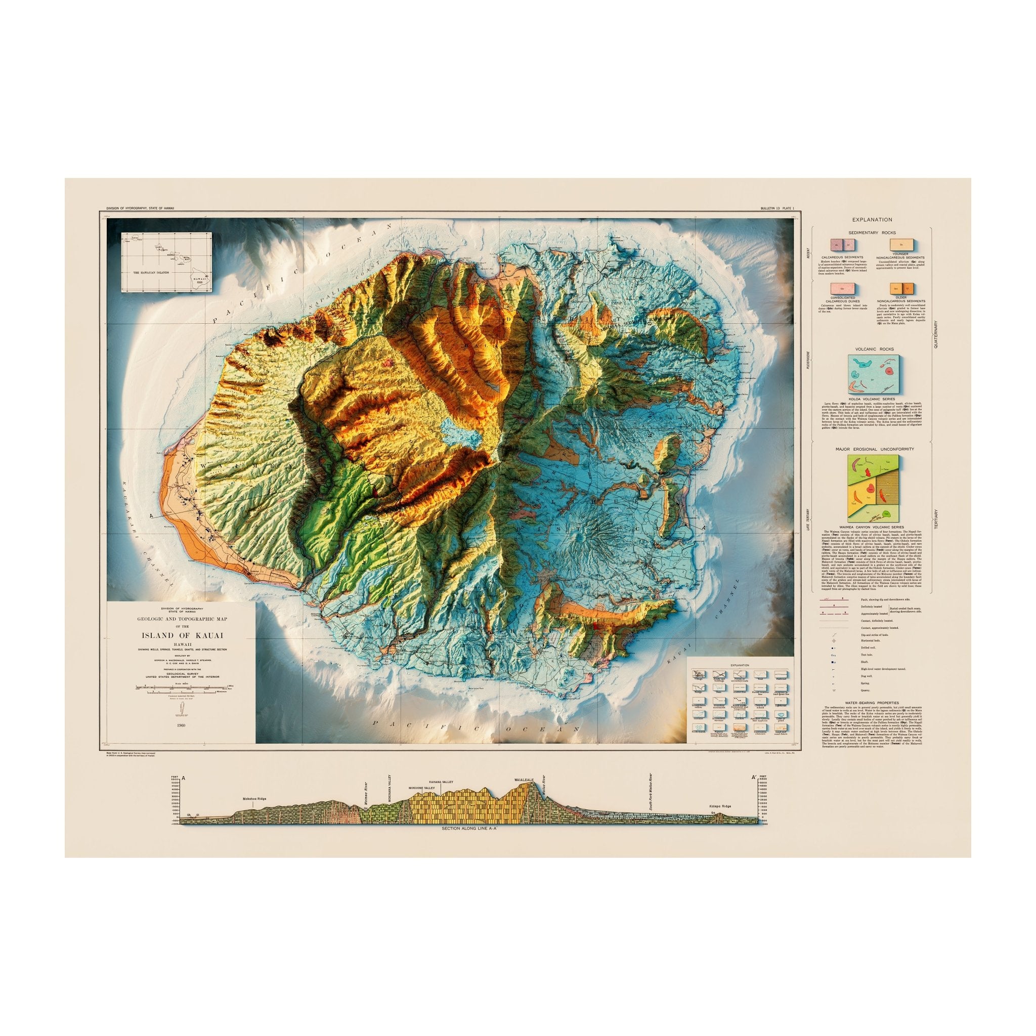 Kauai 1960 Geologic Shaded Relief Map - Muir Way - Vintage Relief