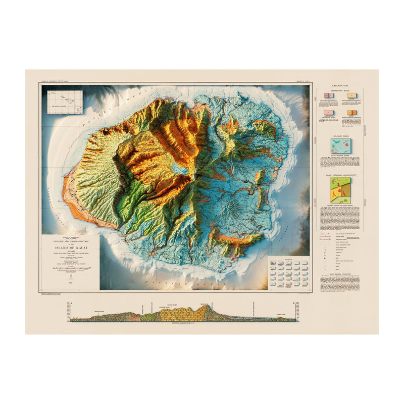 Kauai 1960 Geologic Shaded Relief Map - Muir Way - Vintage Relief