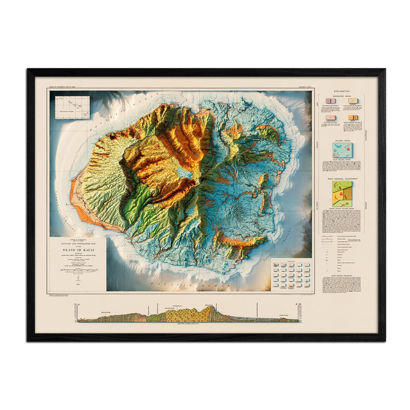 Kauai 1960 Geologic Shaded Relief Map - Muir Way - Vintage Relief