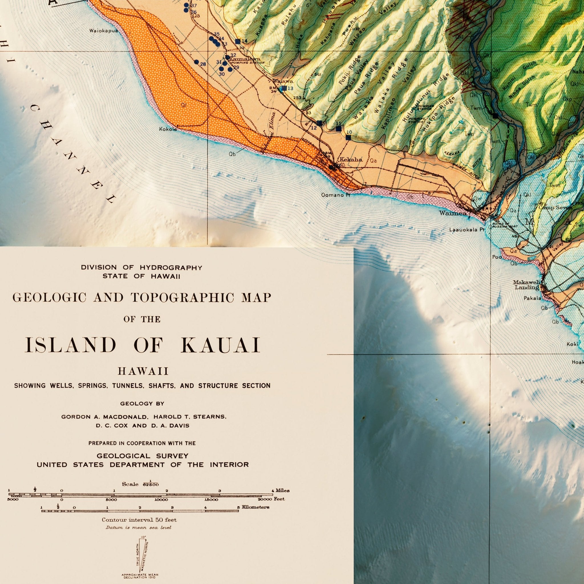 Kauai 1960 Geologic Shaded Relief Map - Muir Way - Vintage Relief