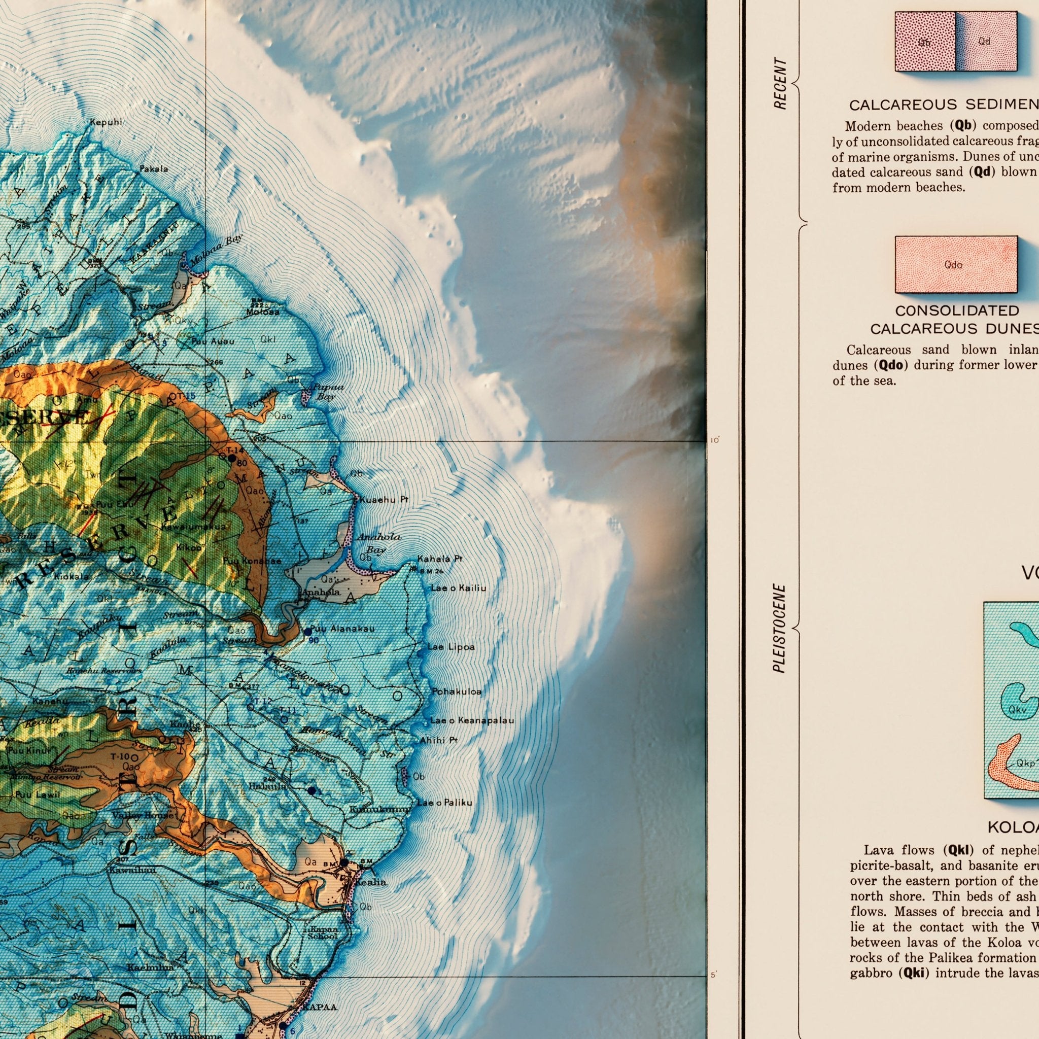 Kauai 1960 Geologic Shaded Relief Map - Muir Way - Vintage Relief