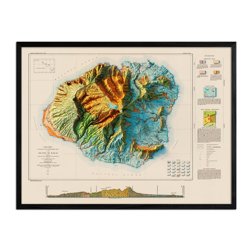 Kauai 1960 Geologic Shaded Relief Map - Muir Way - Vintage Relief