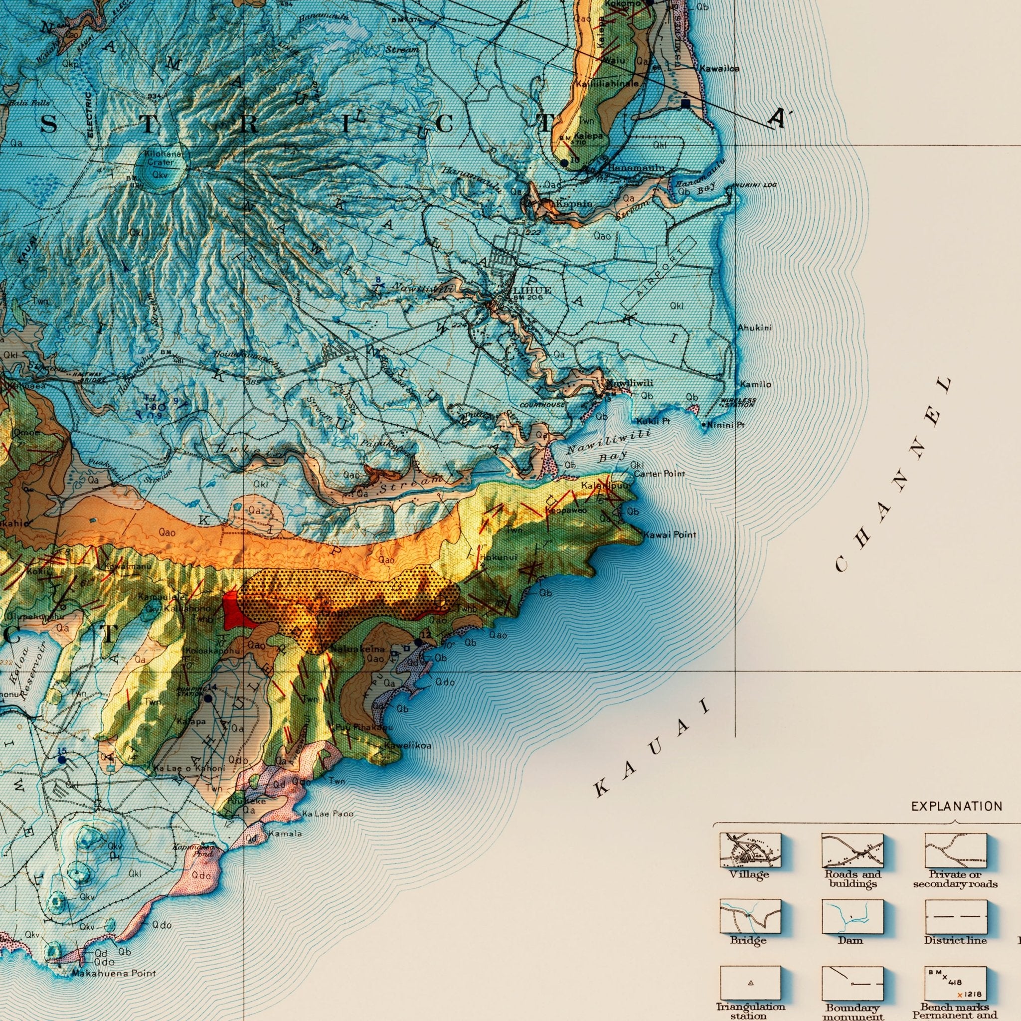 Kauai 1960 Geologic Shaded Relief Map - Muir Way - Vintage Relief