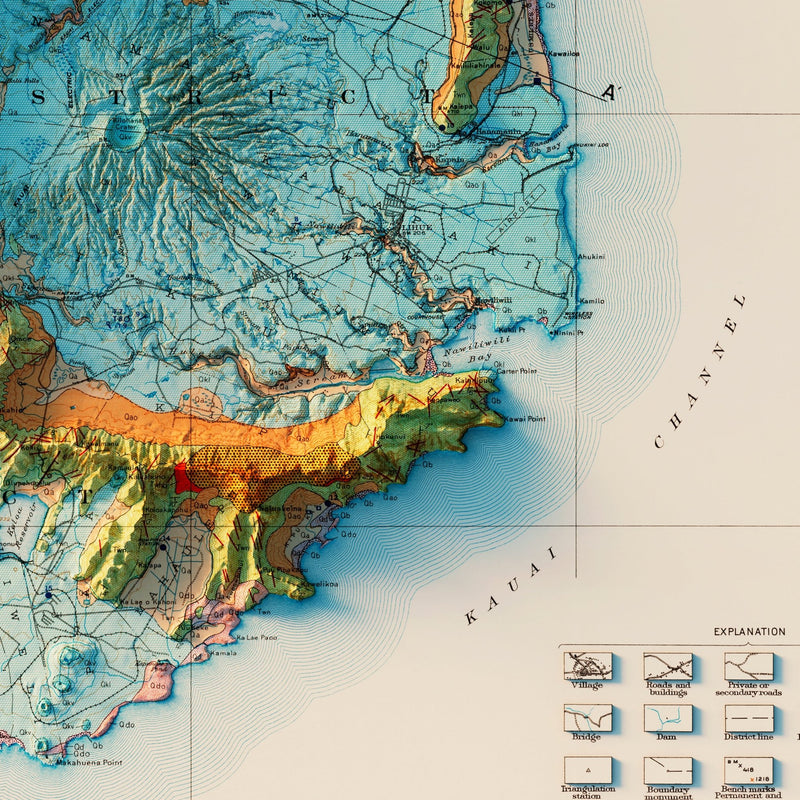 Kauai 1960 Geologic Shaded Relief Map - Muir Way - Vintage Relief