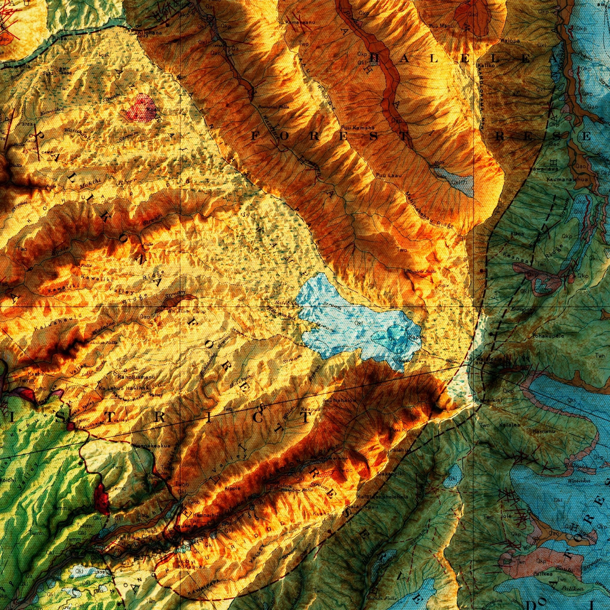 Kauai 1960 Geologic Shaded Relief Map - Muir Way - Vintage Relief