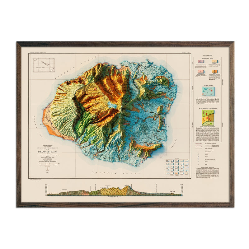 Kauai 1960 Geologic Shaded Relief Map - Muir Way - Vintage Relief