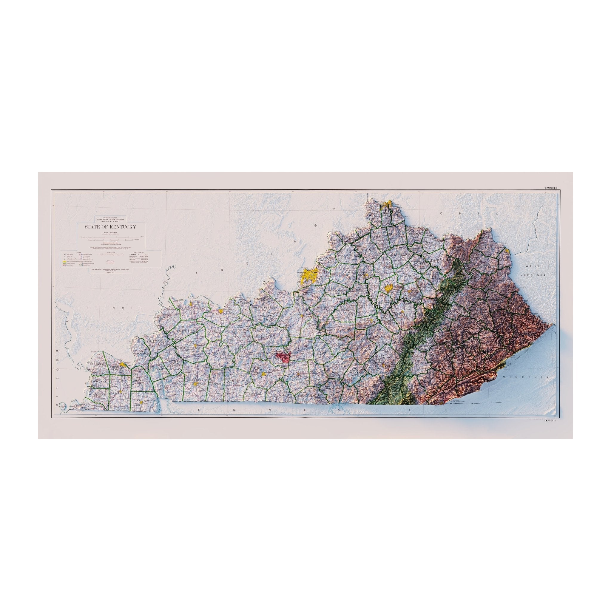 Kentucky 1973 Shaded Relief Map - Muir Way - Vintage Relief