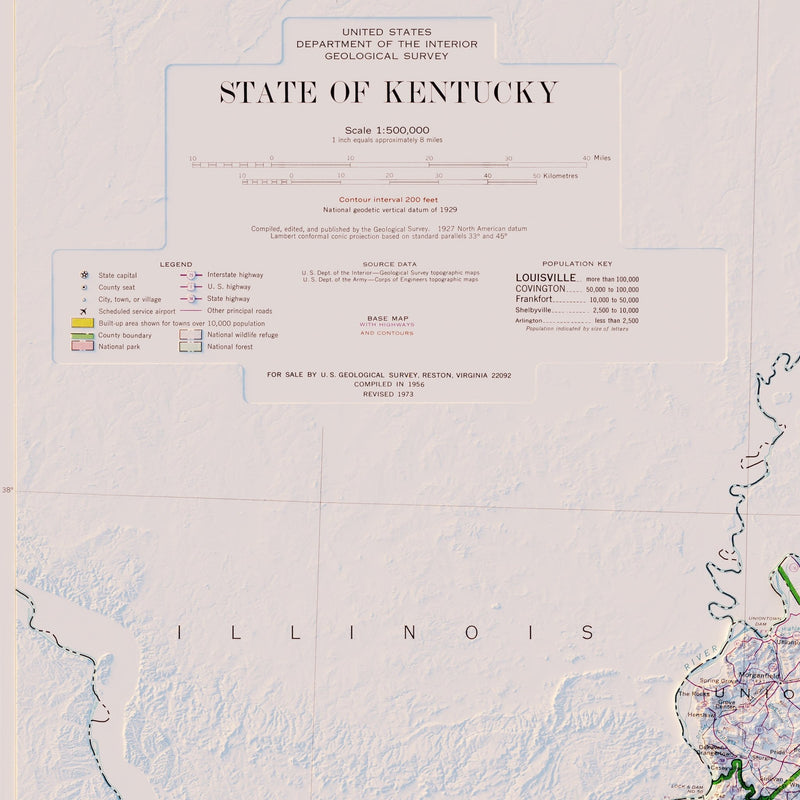 Kentucky 1973 Shaded Relief Map - Muir Way - Vintage Relief