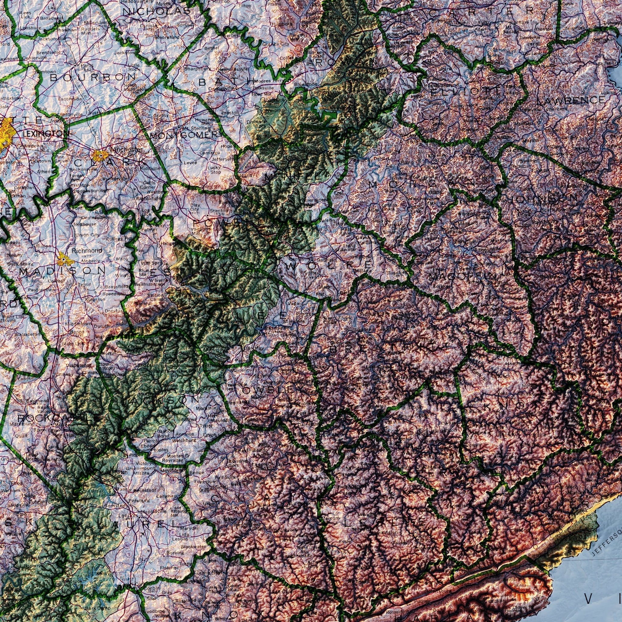 Kentucky 1973 Shaded Relief Map - Muir Way - Vintage Relief