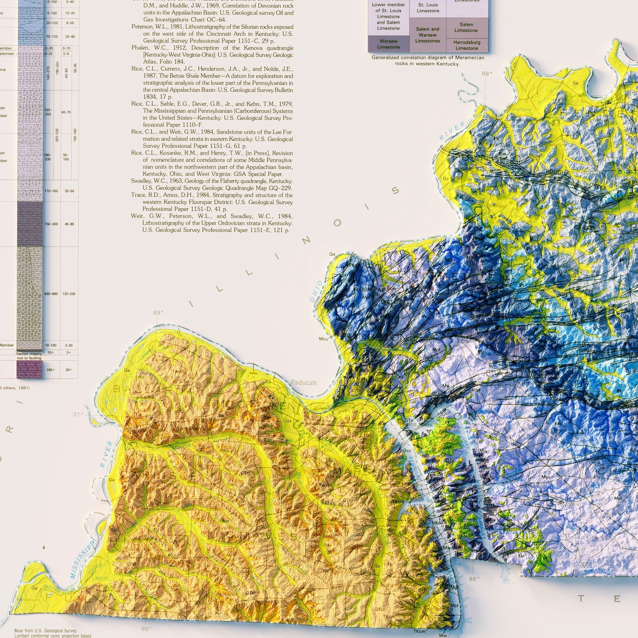 Kentucky 1988 Shaded Relief Map - Muir Way - Vintage Relief