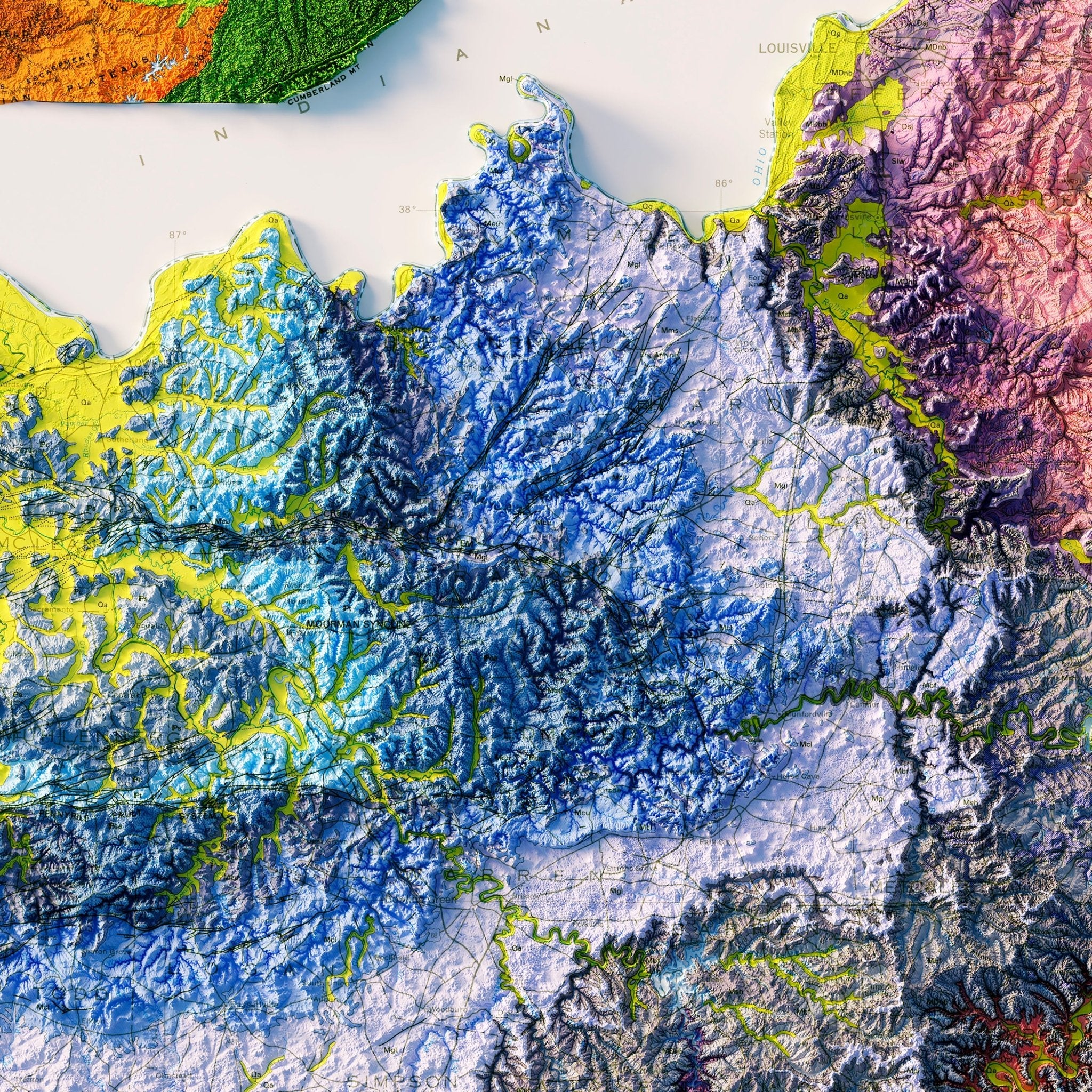 Kentucky 1988 Shaded Relief Map - Muir Way - Vintage Relief