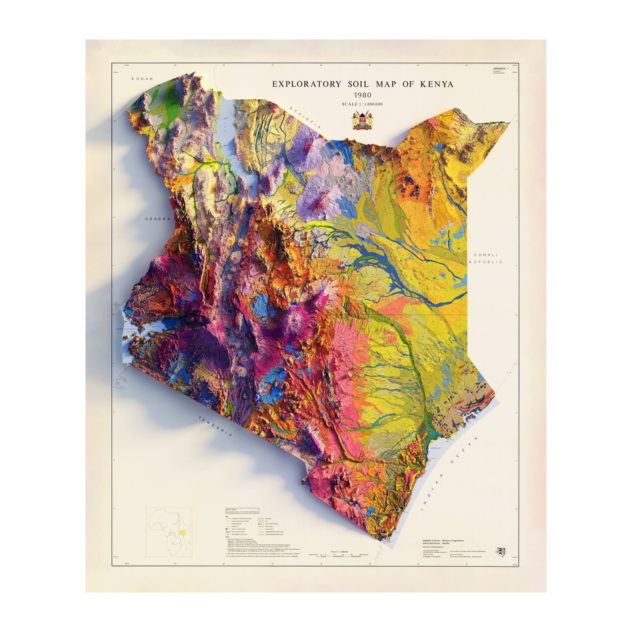 Kenya 1980 Shaded Relief Map - Muir Way - Vintage Relief