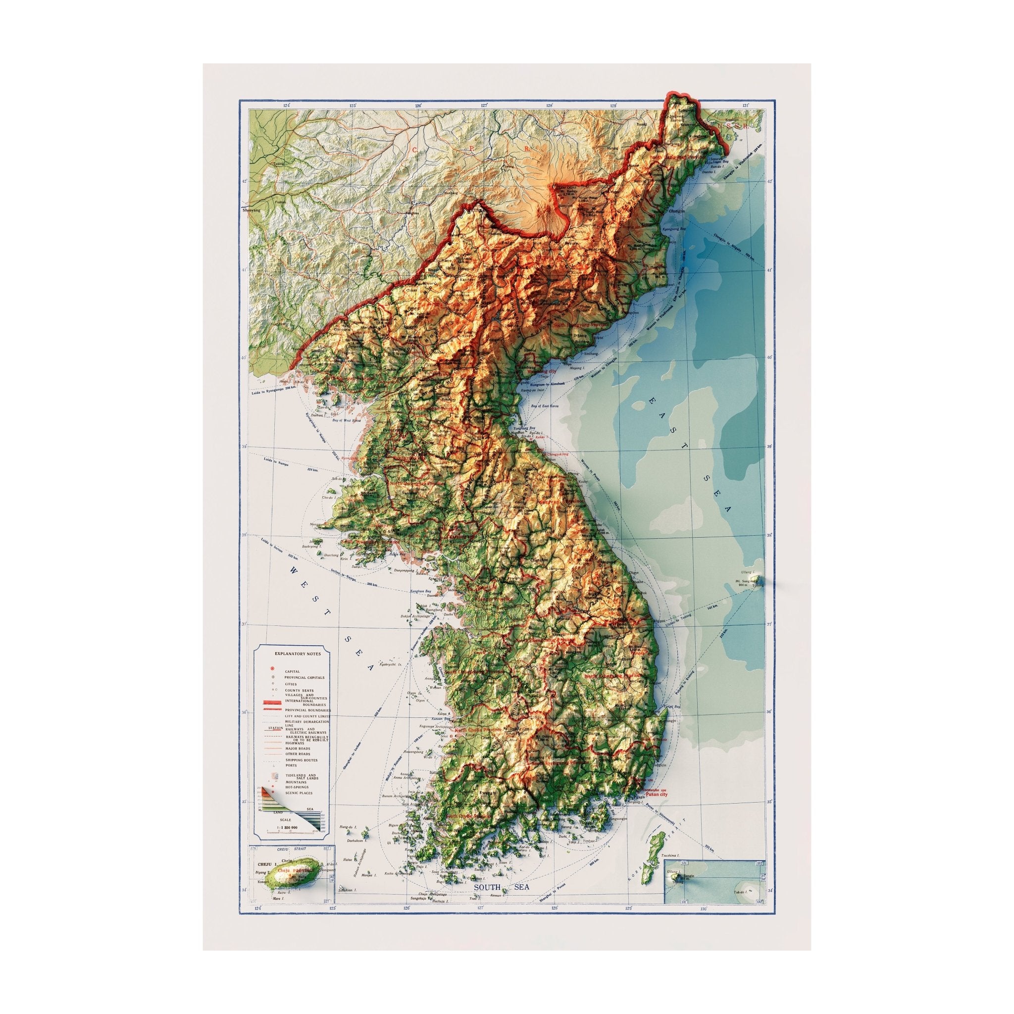 Korea Topographic 1966 Shaded Relief Map - Muir Way - Vintage Relief