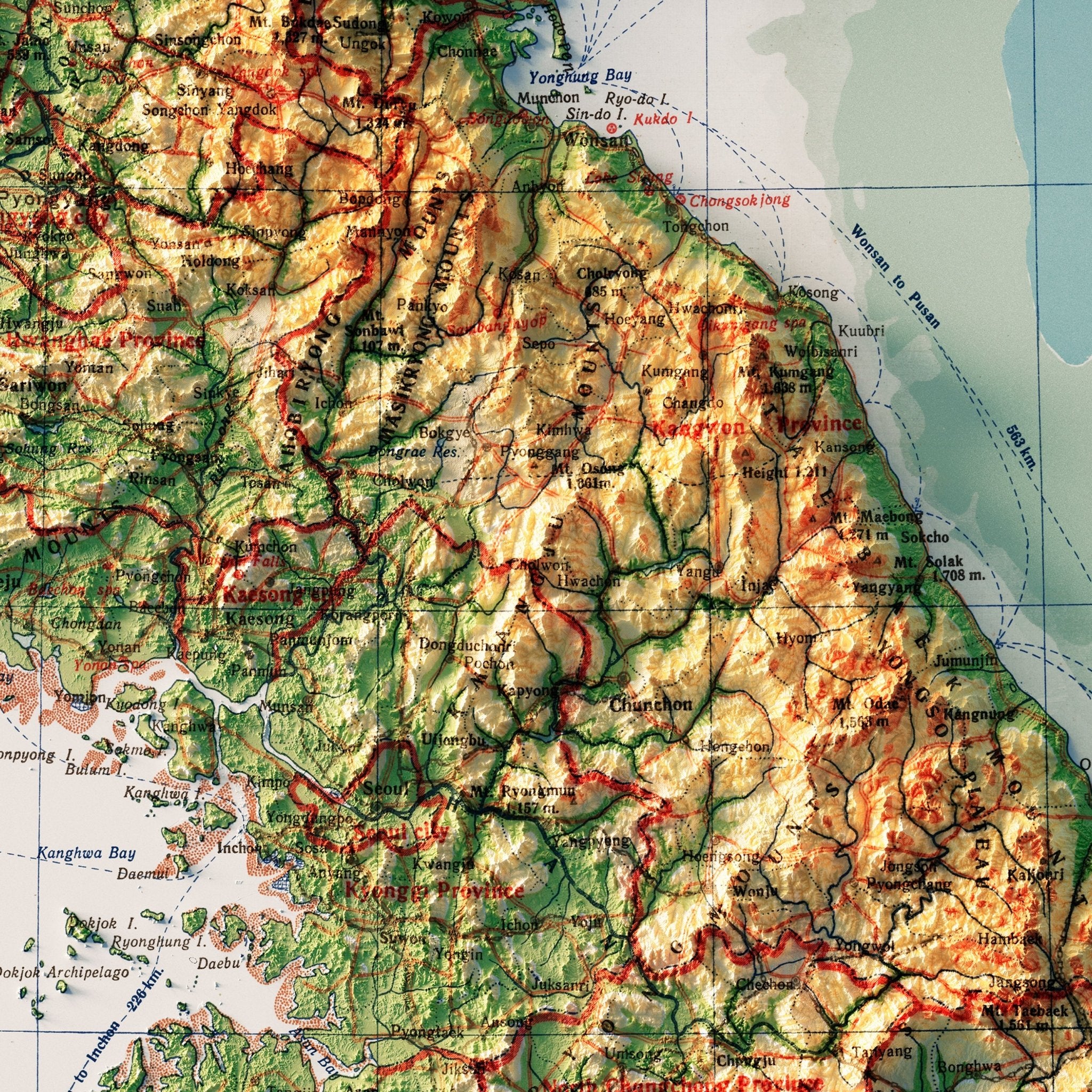 Korea Topographic 1966 Shaded Relief Map - Muir Way - Vintage Relief