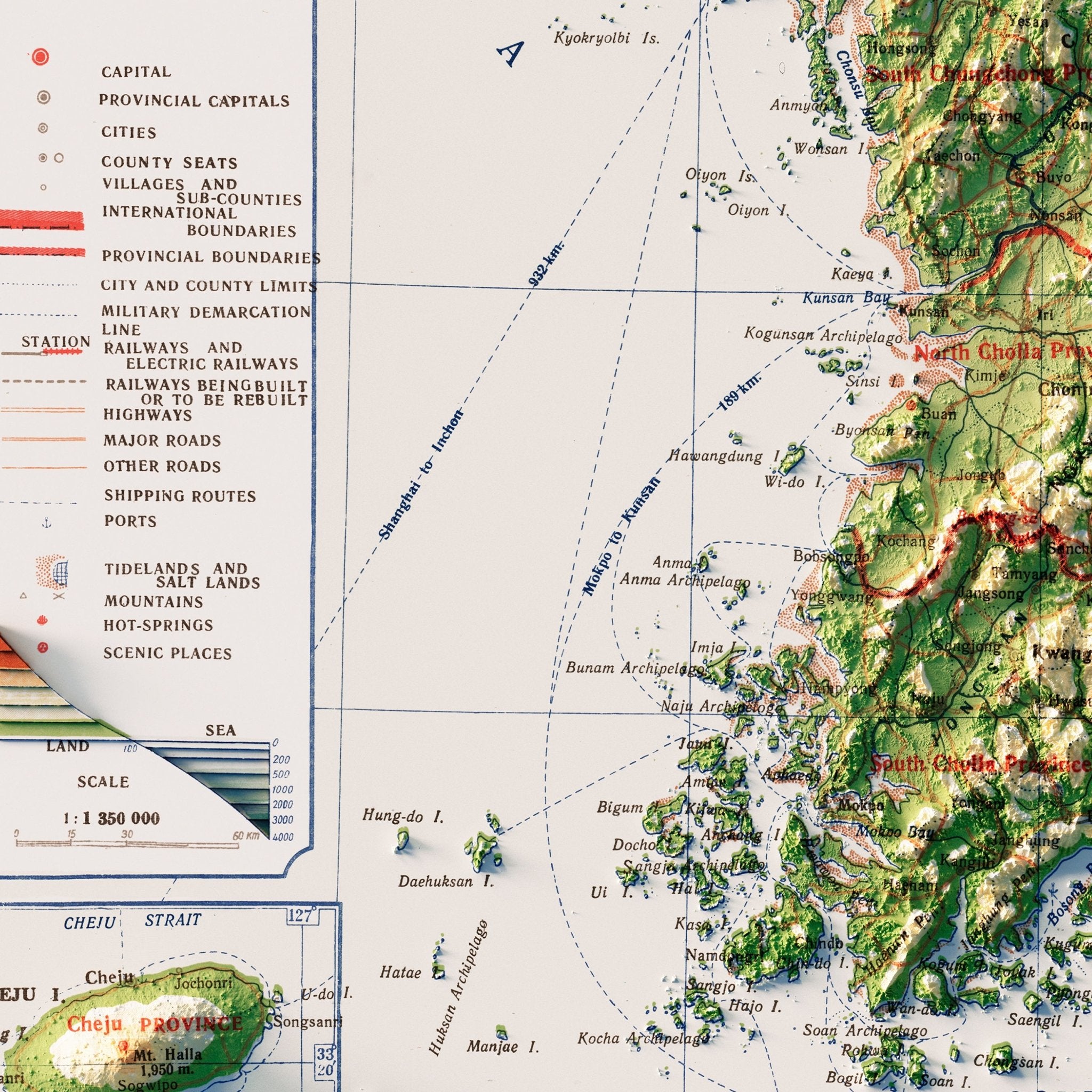 Korea Topographic 1966 Shaded Relief Map - Muir Way - Vintage Relief