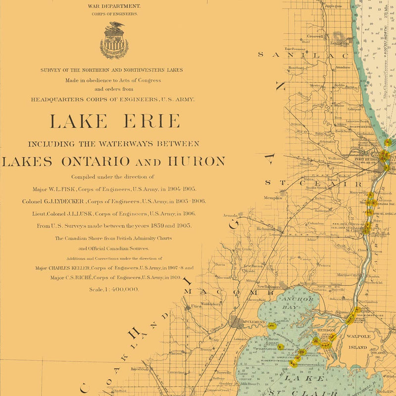 Lake Erie and Waterways between Lakes Ontario and Huron Nautical Chart 1910 - Muir Way - Vintage Map
