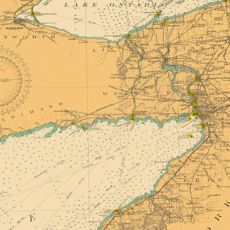 Lake Erie and Waterways between Lakes Ontario and Huron Nautical Chart 1910 - Muir Way - Vintage Map