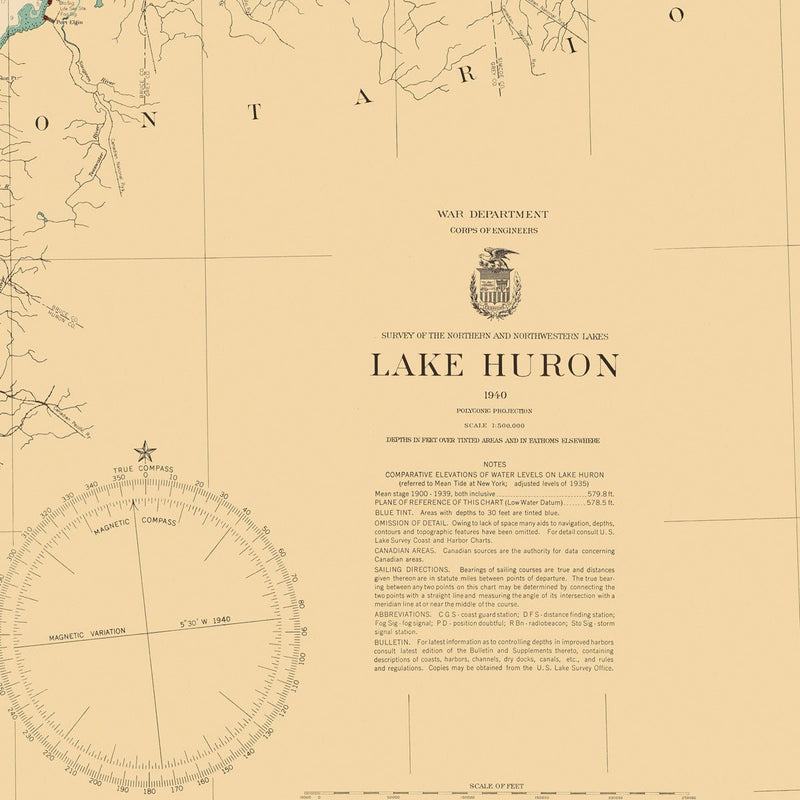 Lake Huron Nautical Chart 1940 - Muir Way - Vintage Map