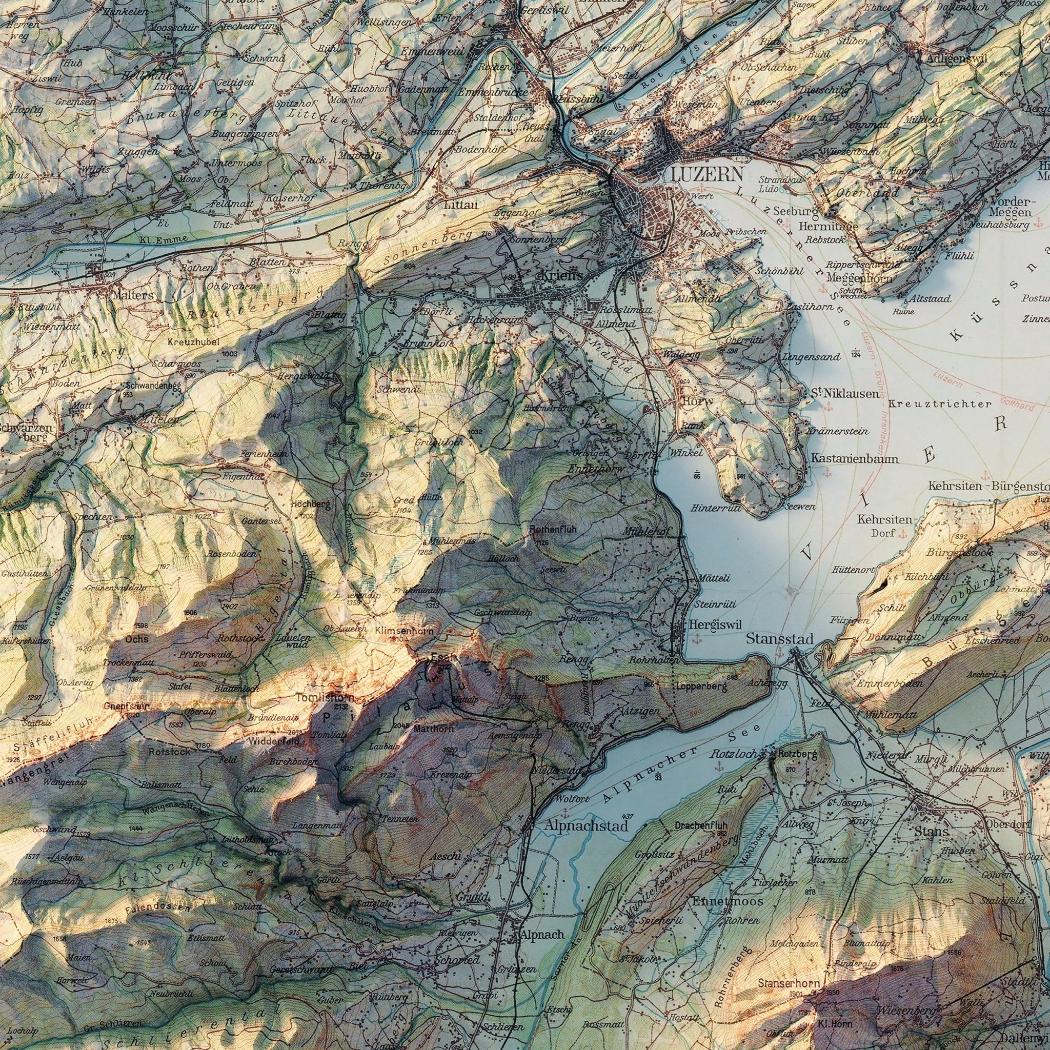 Lake Lucerne 1948 Shaded Relief Map - Muir Way - Vintage Relief