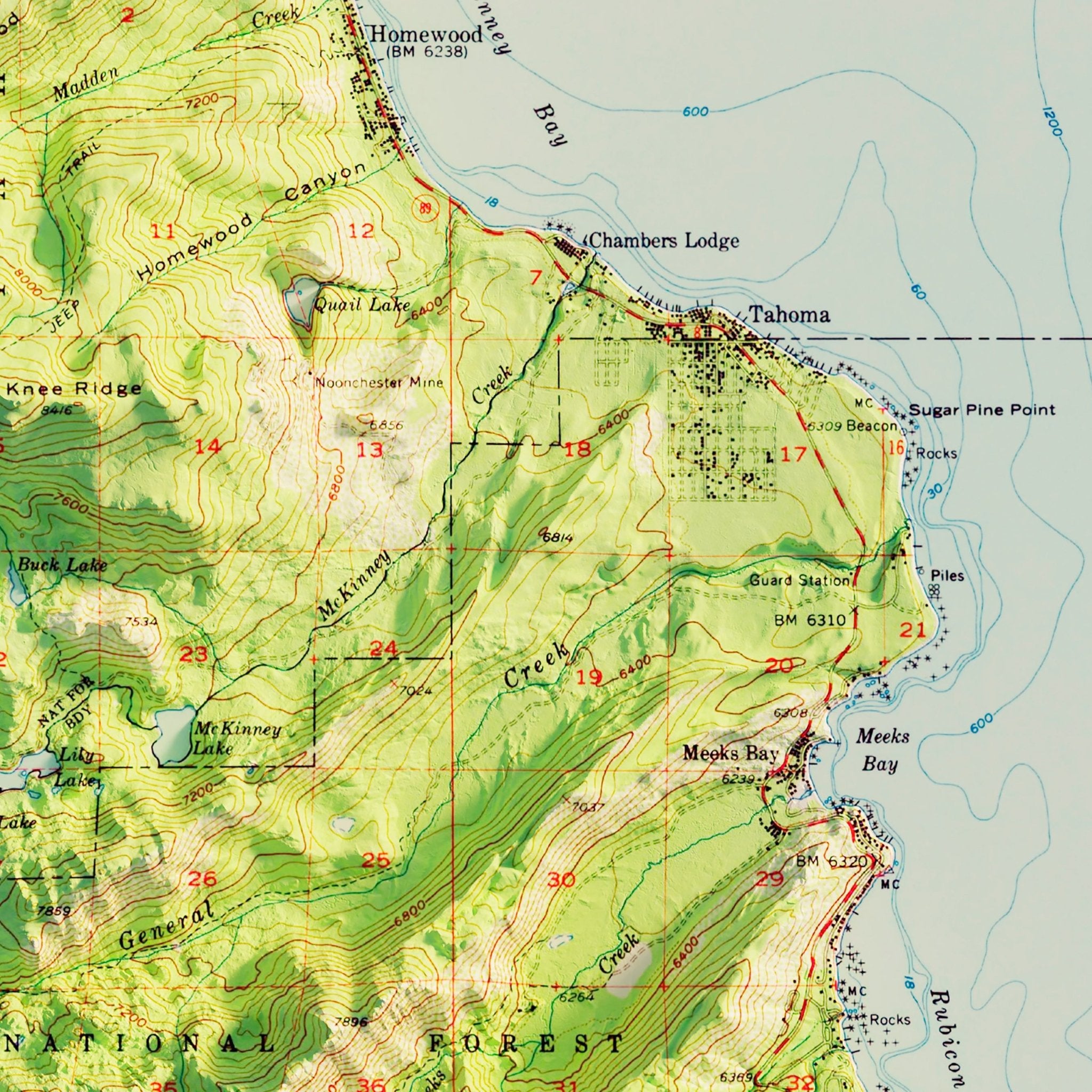 Lake Tahoe, CA 1955 Shaded Relief Map - Muir Way - Vintage Relief