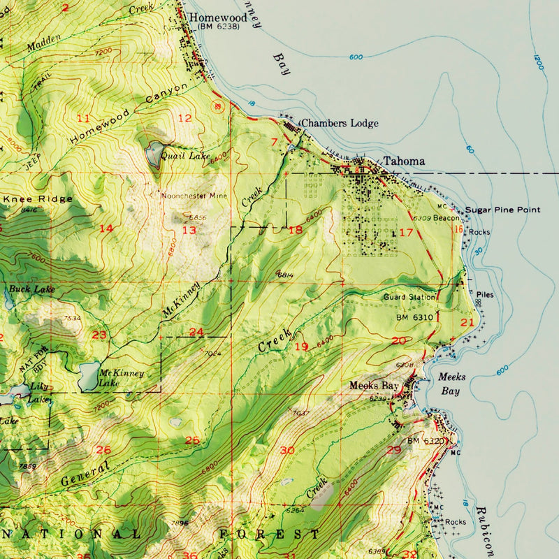 Lake Tahoe, CA 1955 Shaded Relief Map - Muir Way - Vintage Relief