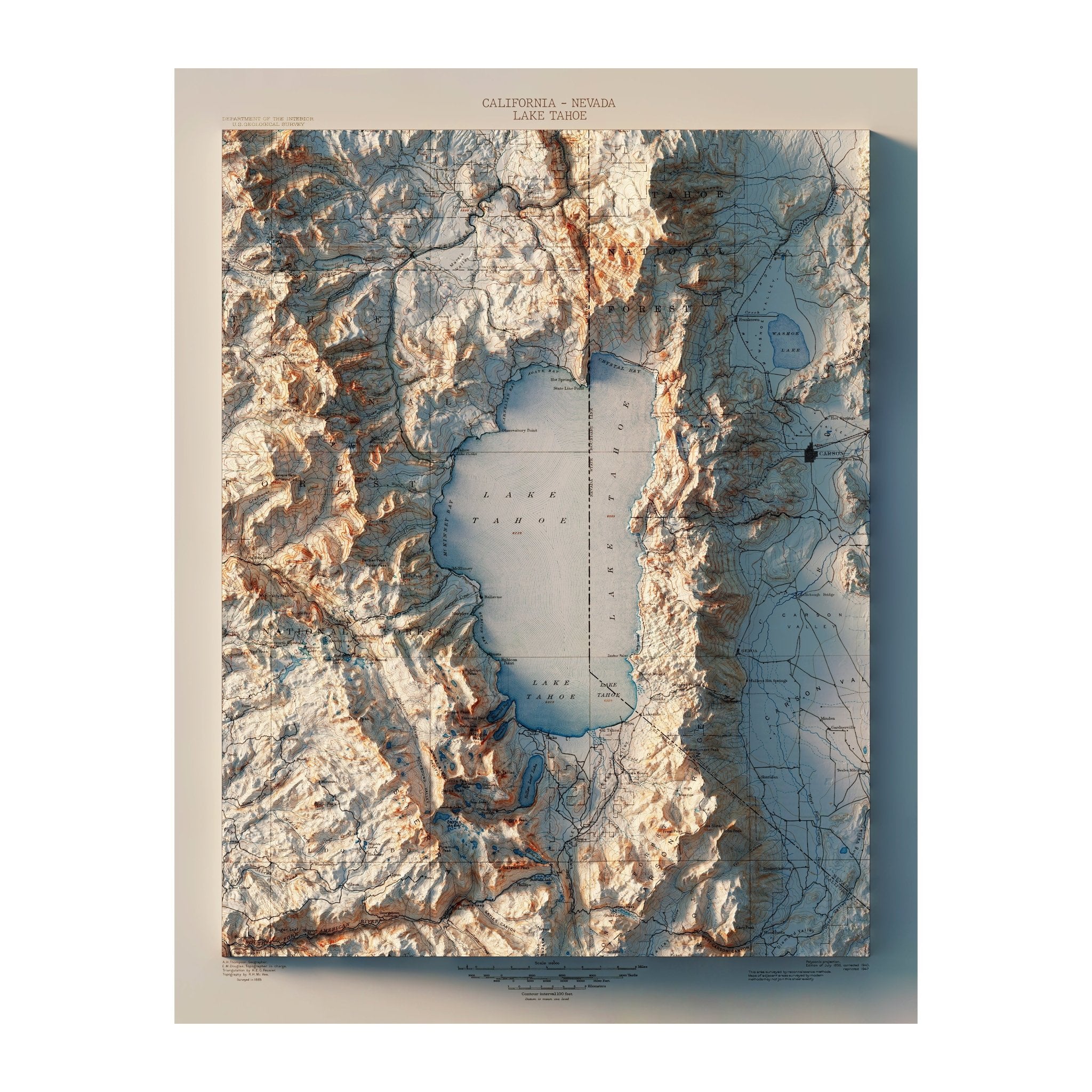 Lake Tahoe 1895 Shaded Relief Map - Muir Way - Vintage Relief