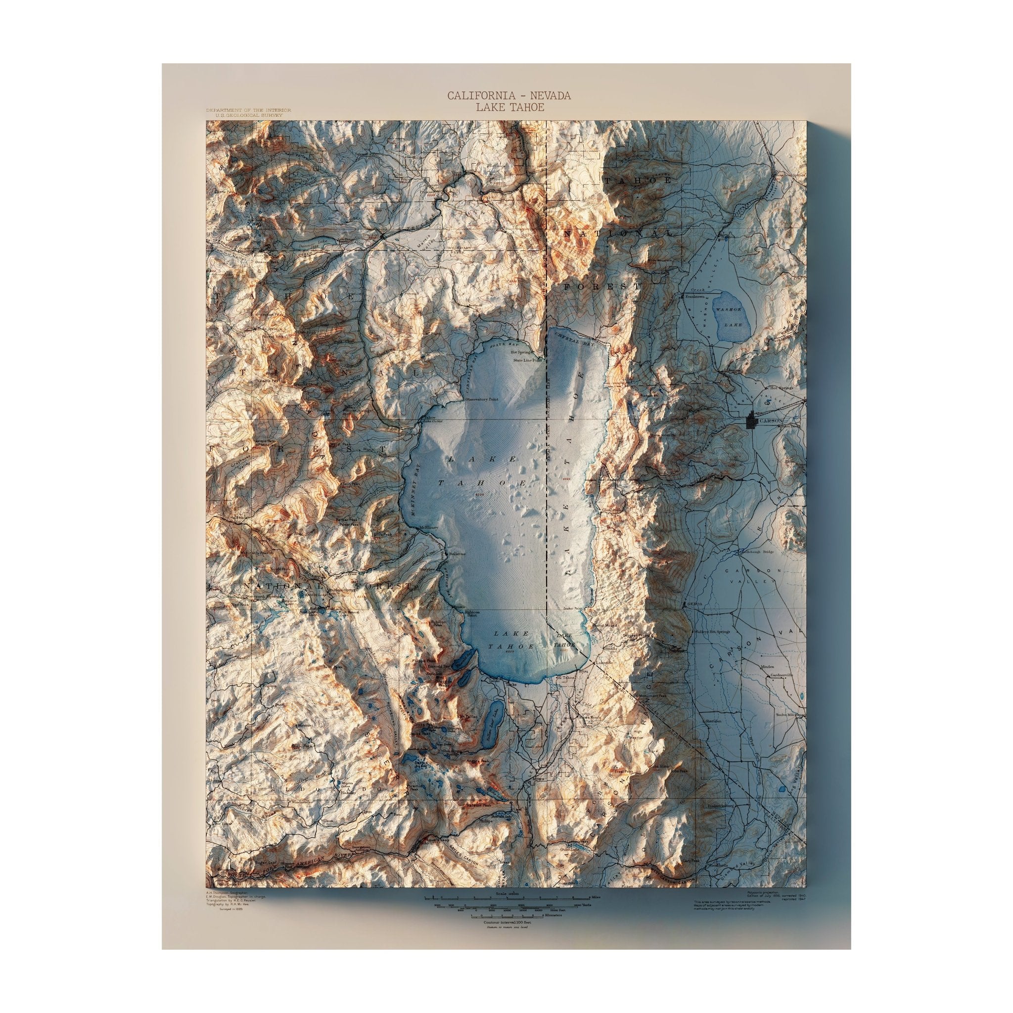 Lake Tahoe 1895 Shaded Relief Map - Muir Way - Vintage Relief