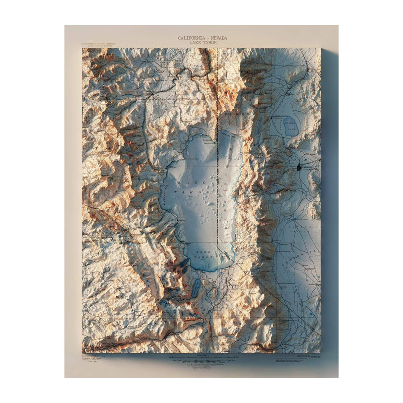 Lake Tahoe 1895 Shaded Relief Map - Muir Way - Vintage Relief