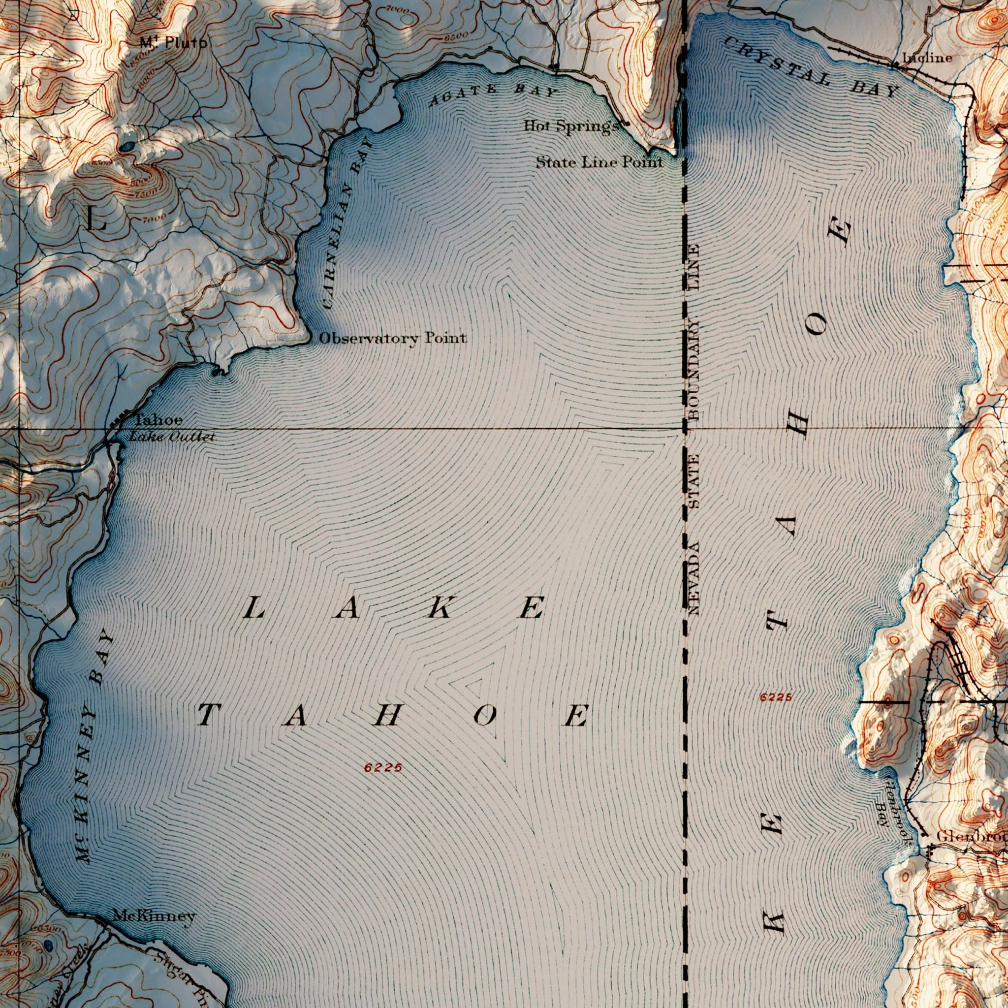 Lake Tahoe 1895 Shaded Relief Map - Muir Way - Vintage Relief