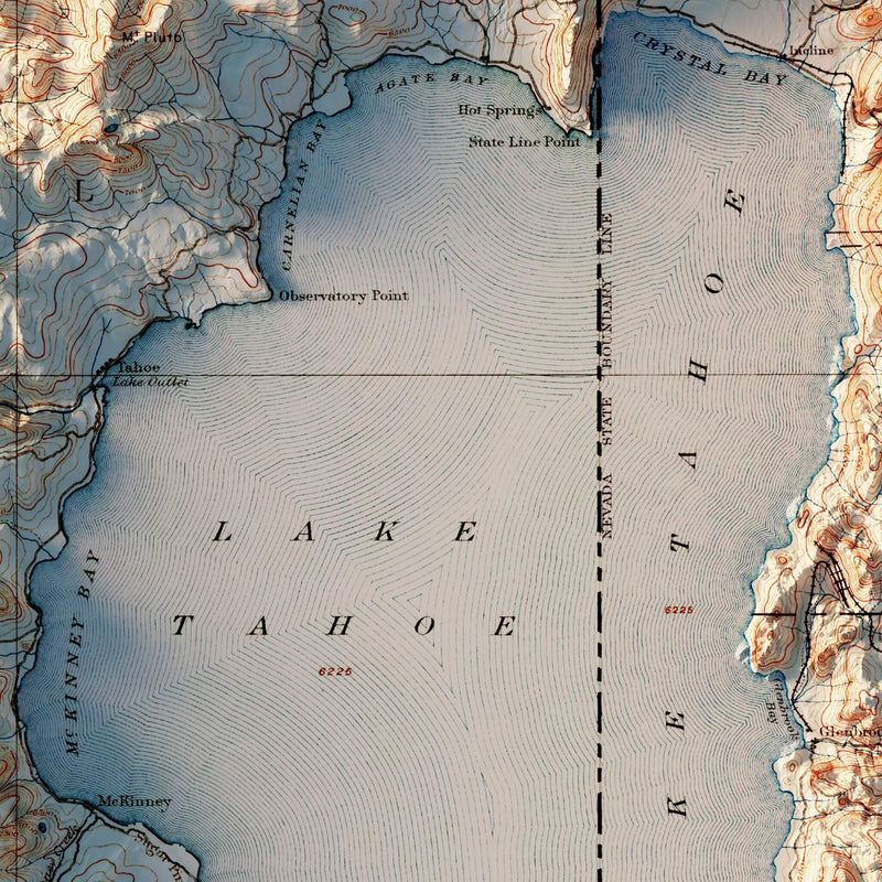 Lake Tahoe 1895 Shaded Relief Map - Muir Way - Vintage Relief