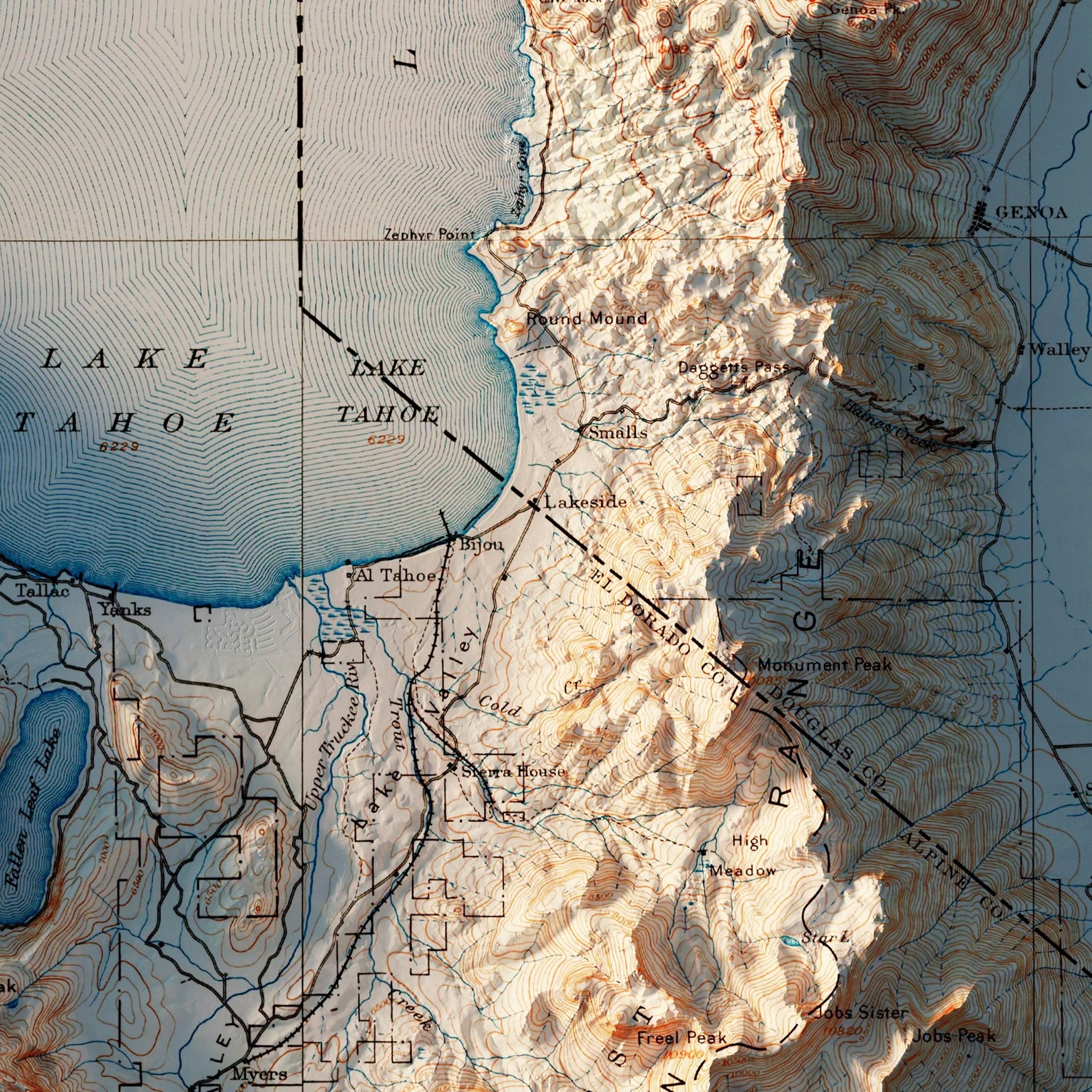 Lake Tahoe 1895 Shaded Relief Map - Muir Way - Vintage Relief