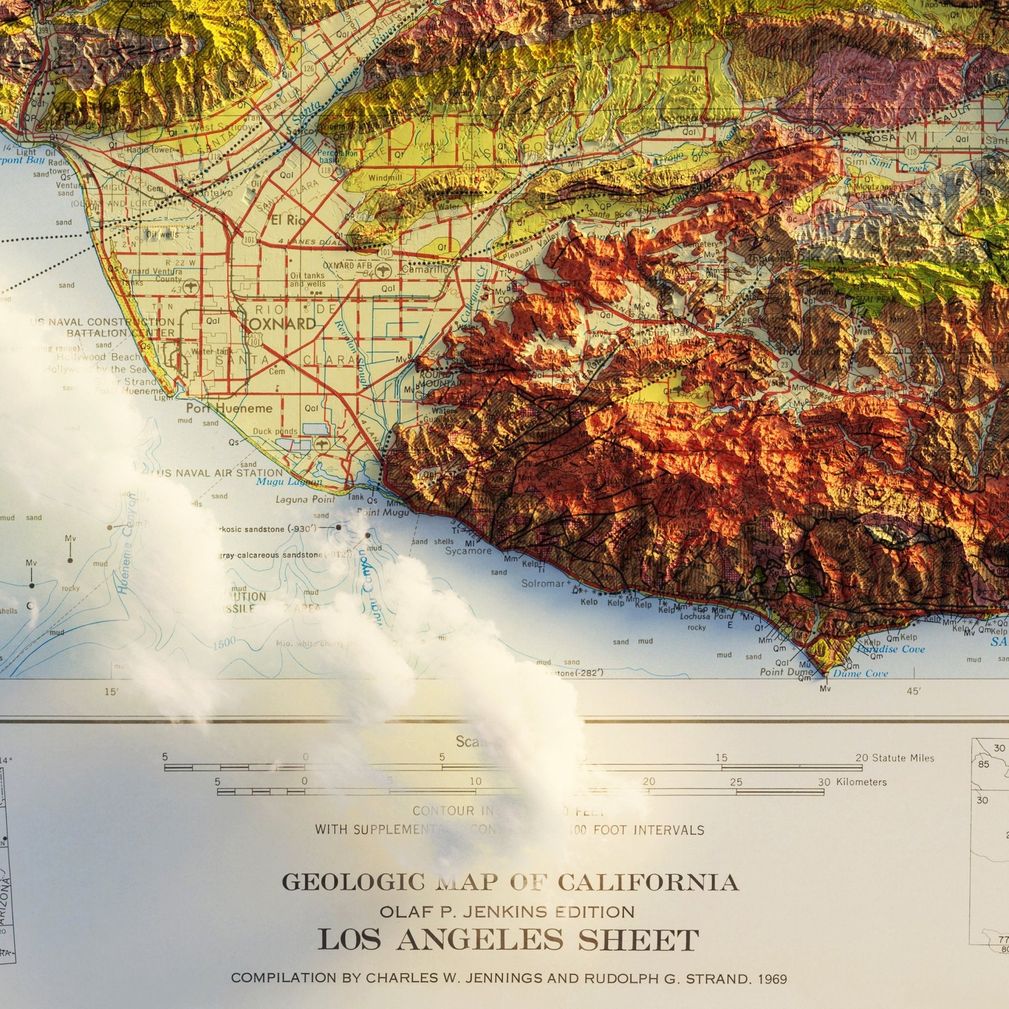 Los Angeles, California 1969 Shaded Relief Map - Muir Way - Vintage Relief