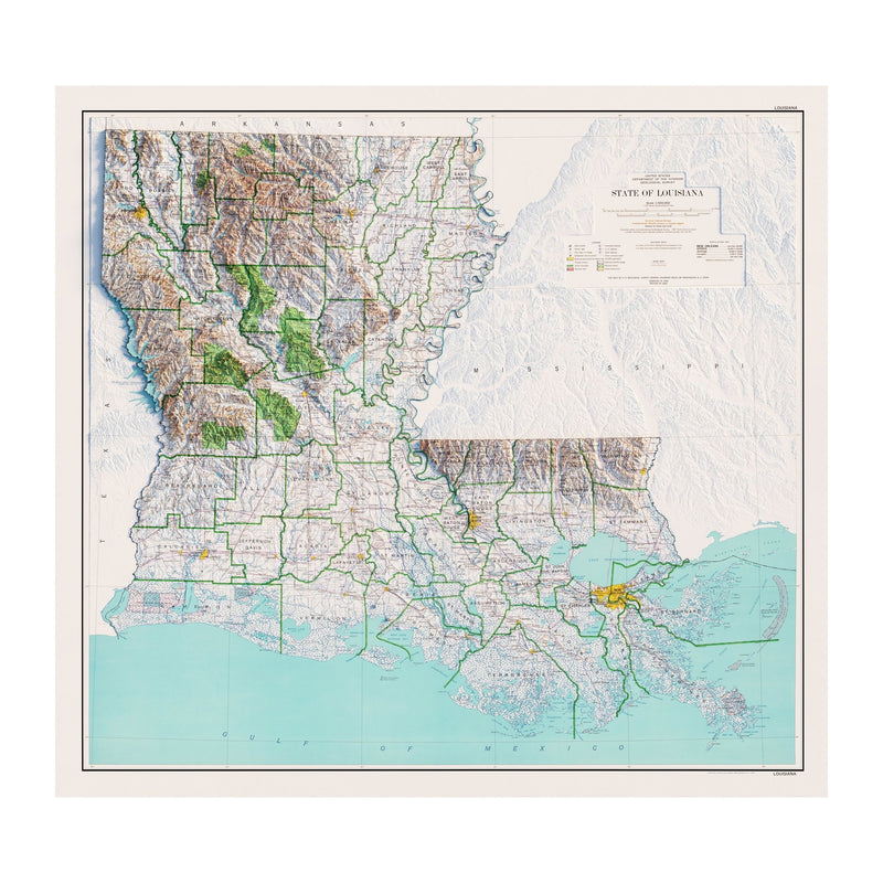Louisiana 1968 Shaded Relief Map - Muir Way - Vintage Relief