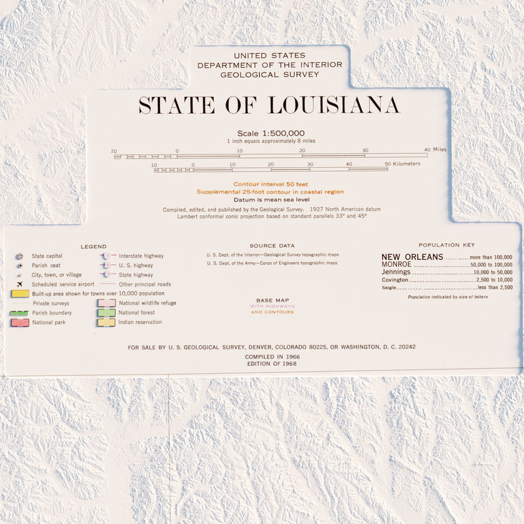 Vintage Map of Louisiana (1968), Louisiana Relief Map