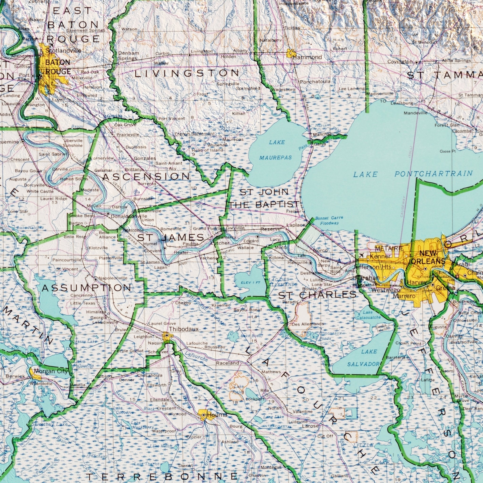 Louisiana 1968 Shaded Relief Map - Muir Way - Vintage Relief