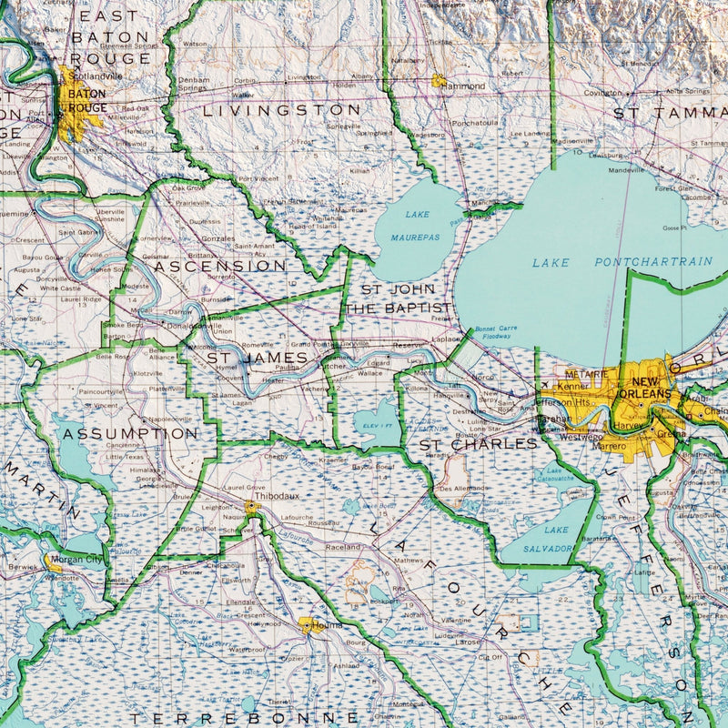 Louisiana 1968 Shaded Relief Map - Muir Way - Vintage Relief