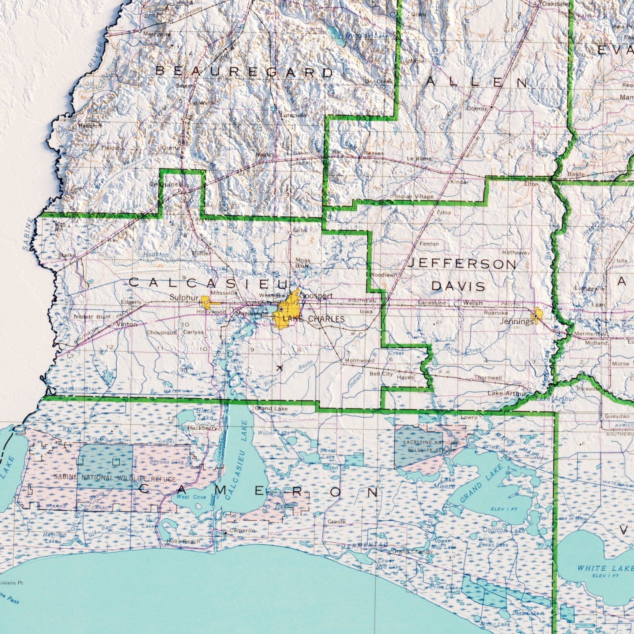 Louisiana 1968 Shaded Relief Map - Muir Way - Vintage Relief