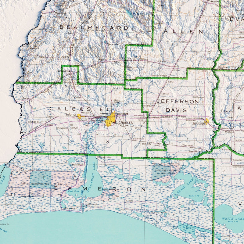 Louisiana 1968 Shaded Relief Map - Muir Way - Vintage Relief