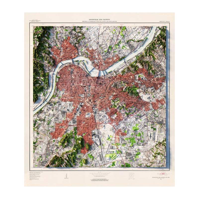 Louisville, Kentucky 1955 Shaded Relief Map - Muir Way - Vintage Relief