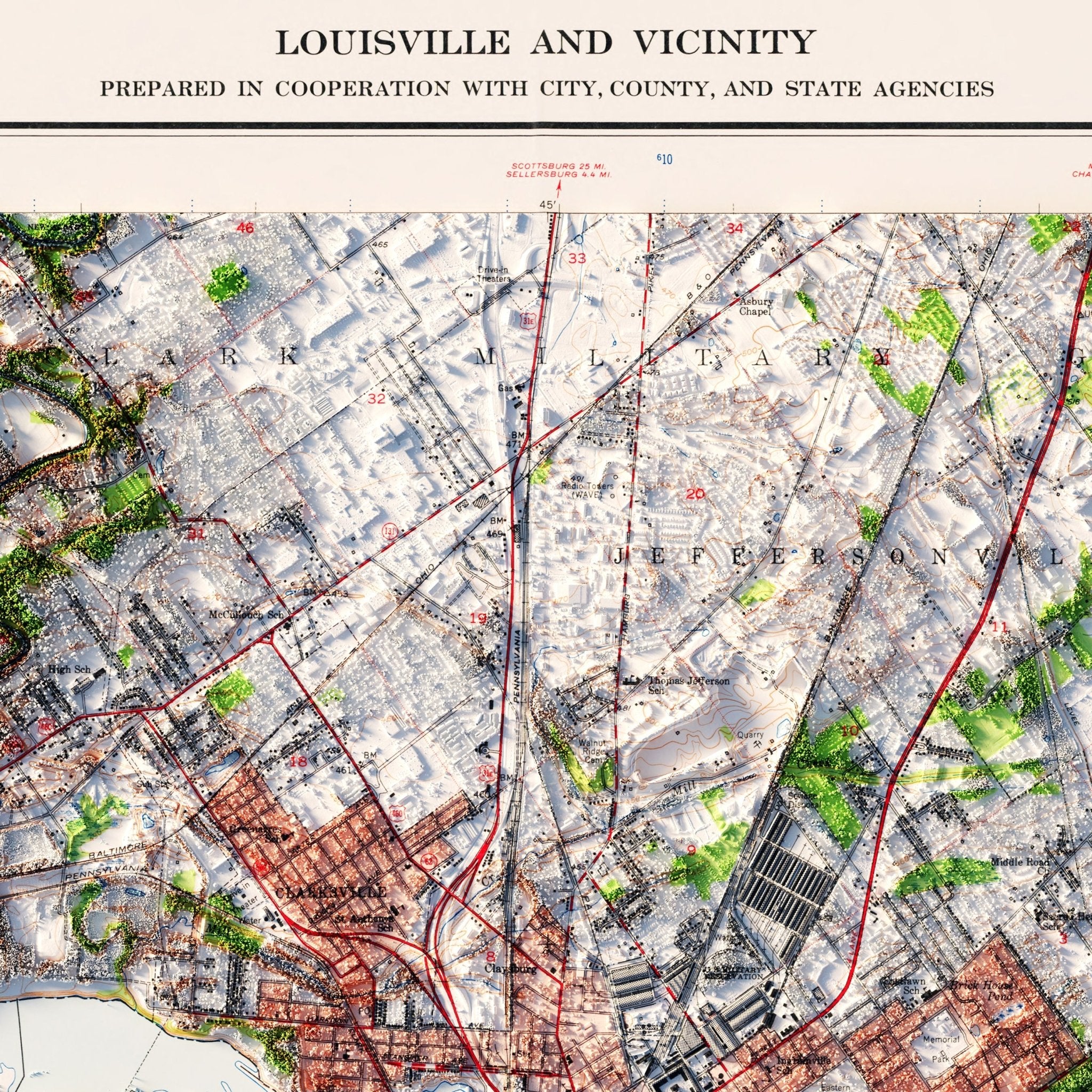 Louisville, Kentucky 1955 Shaded Relief Map - Muir Way - Vintage Relief