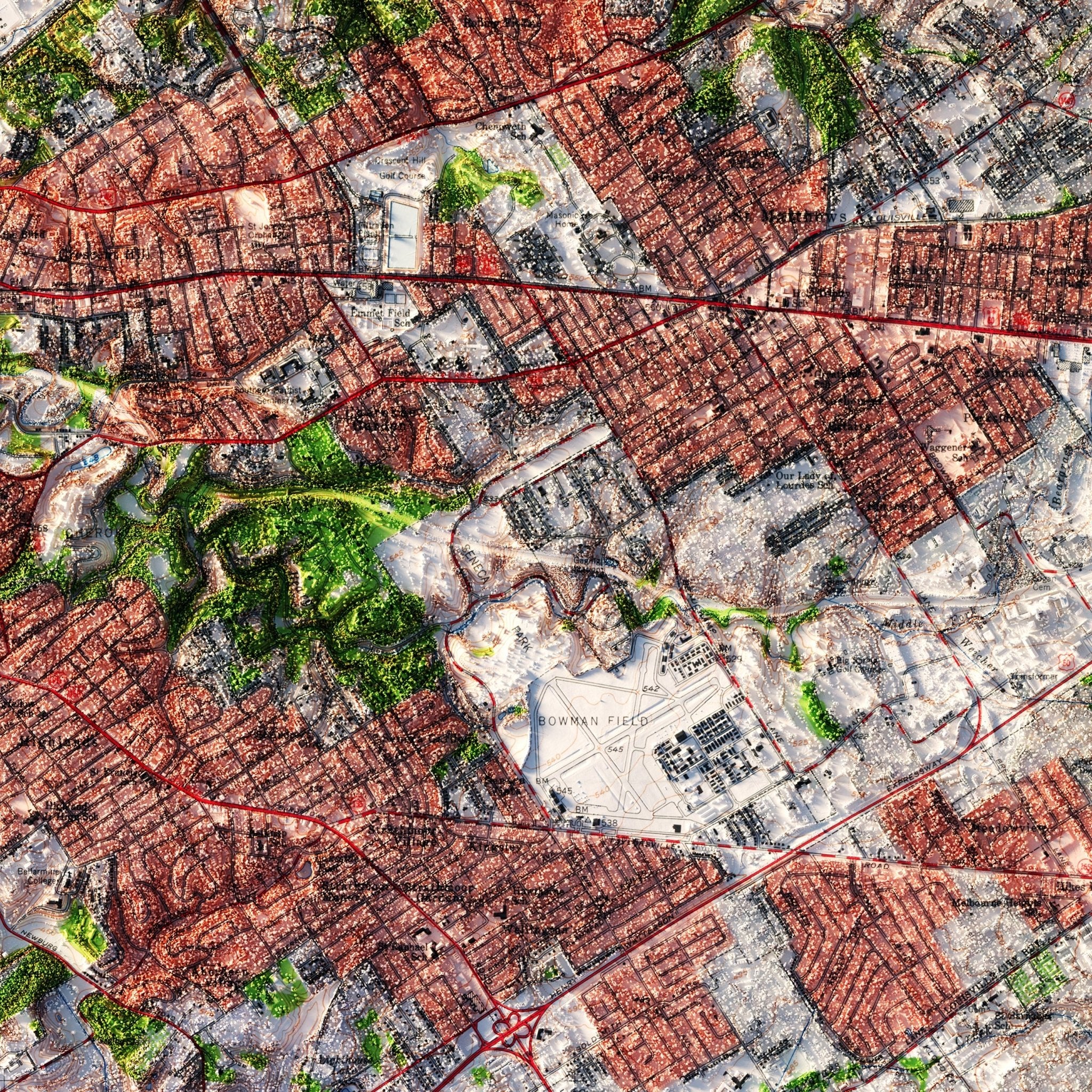 Louisville, Kentucky 1955 Shaded Relief Map - Muir Way - Vintage Relief