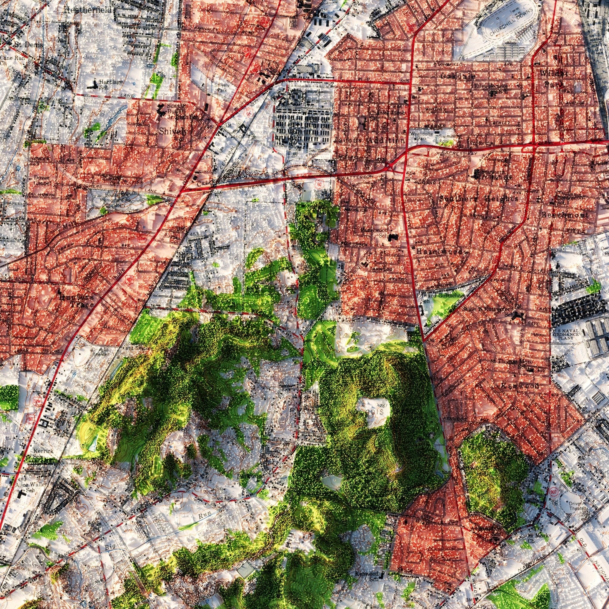Louisville, Kentucky 1955 Shaded Relief Map - Muir Way - Vintage Relief
