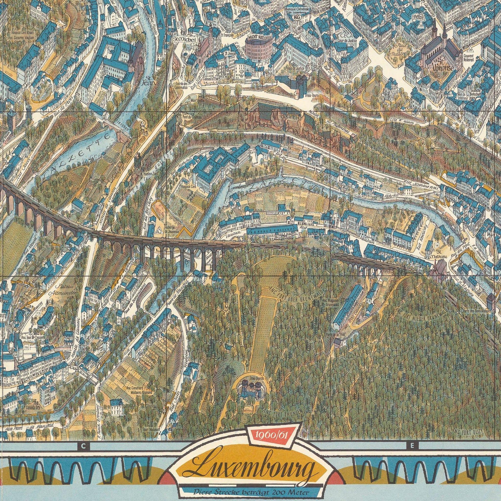 Luxembourg City 1961 Map - Muir Way - Vintage Map