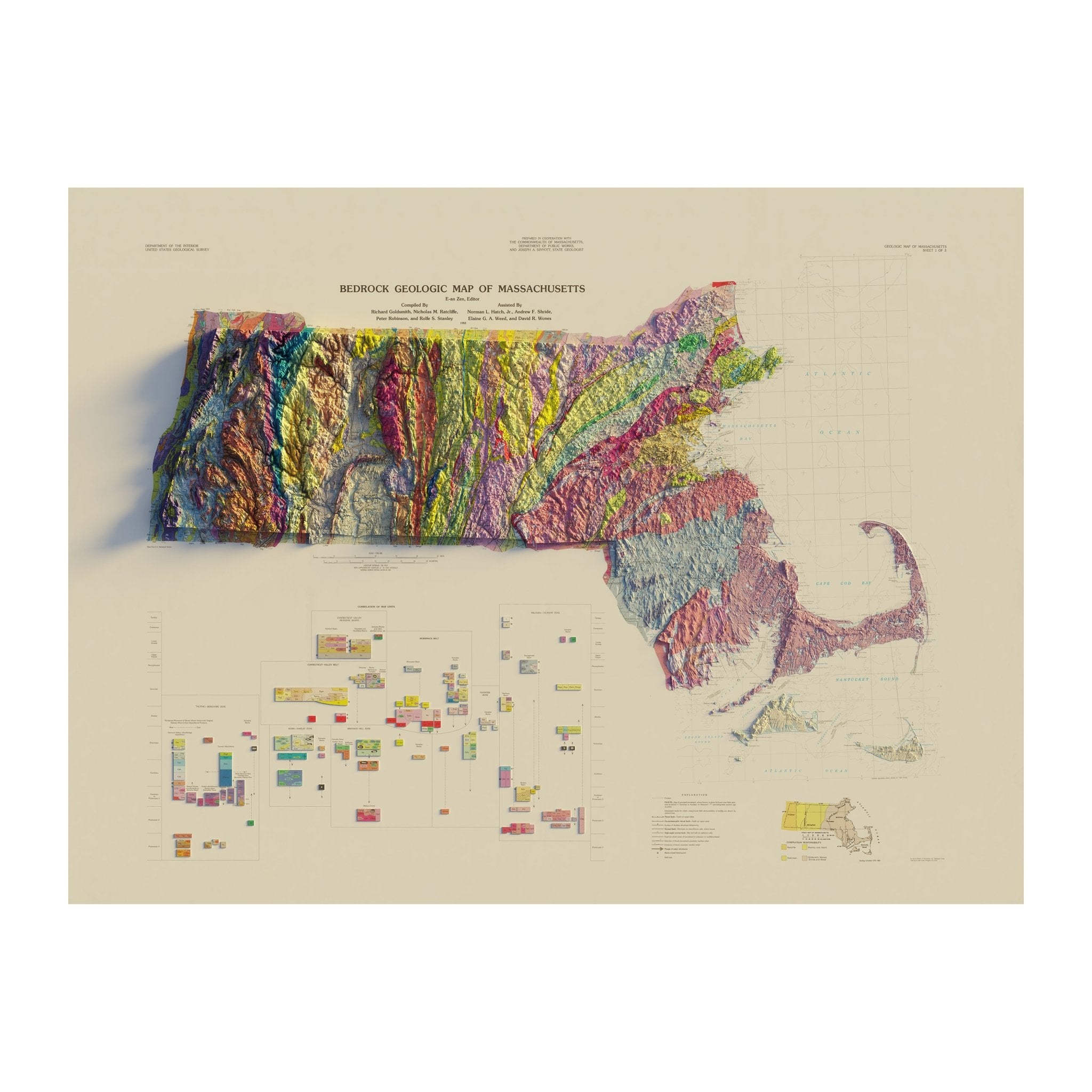 Massachusetts 1983 Shaded Relief Map - Muir Way - Vintage Relief