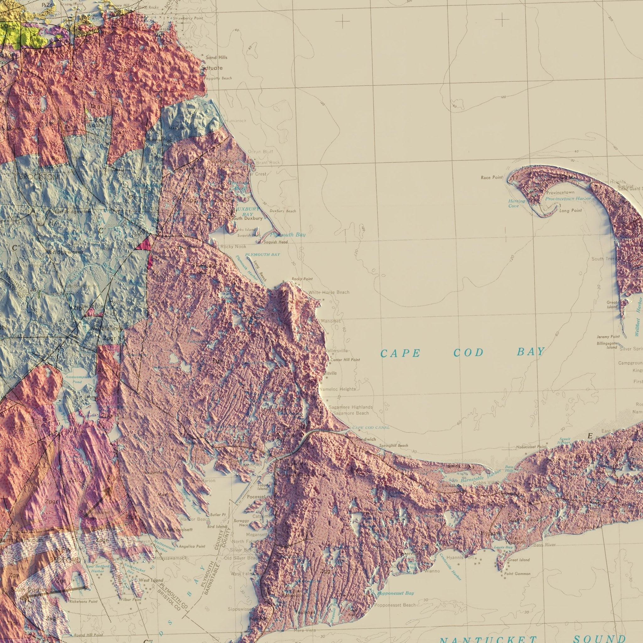 Massachusetts 1983 Shaded Relief Map - Muir Way - Vintage Relief