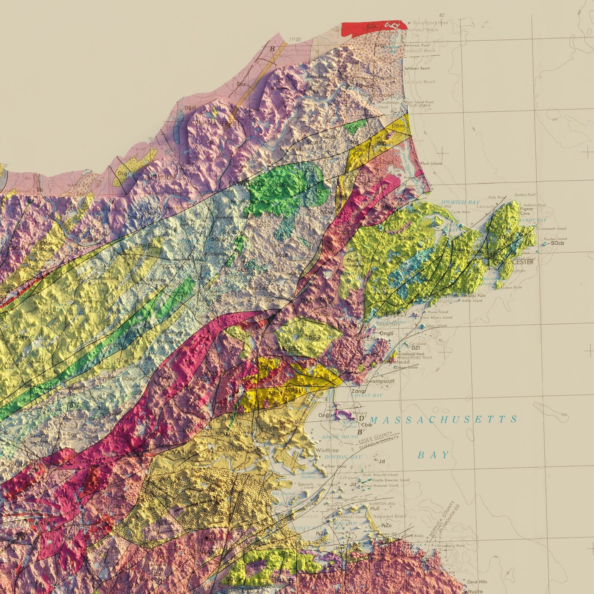 Massachusetts 1983 Shaded Relief Map - Muir Way - Vintage Relief