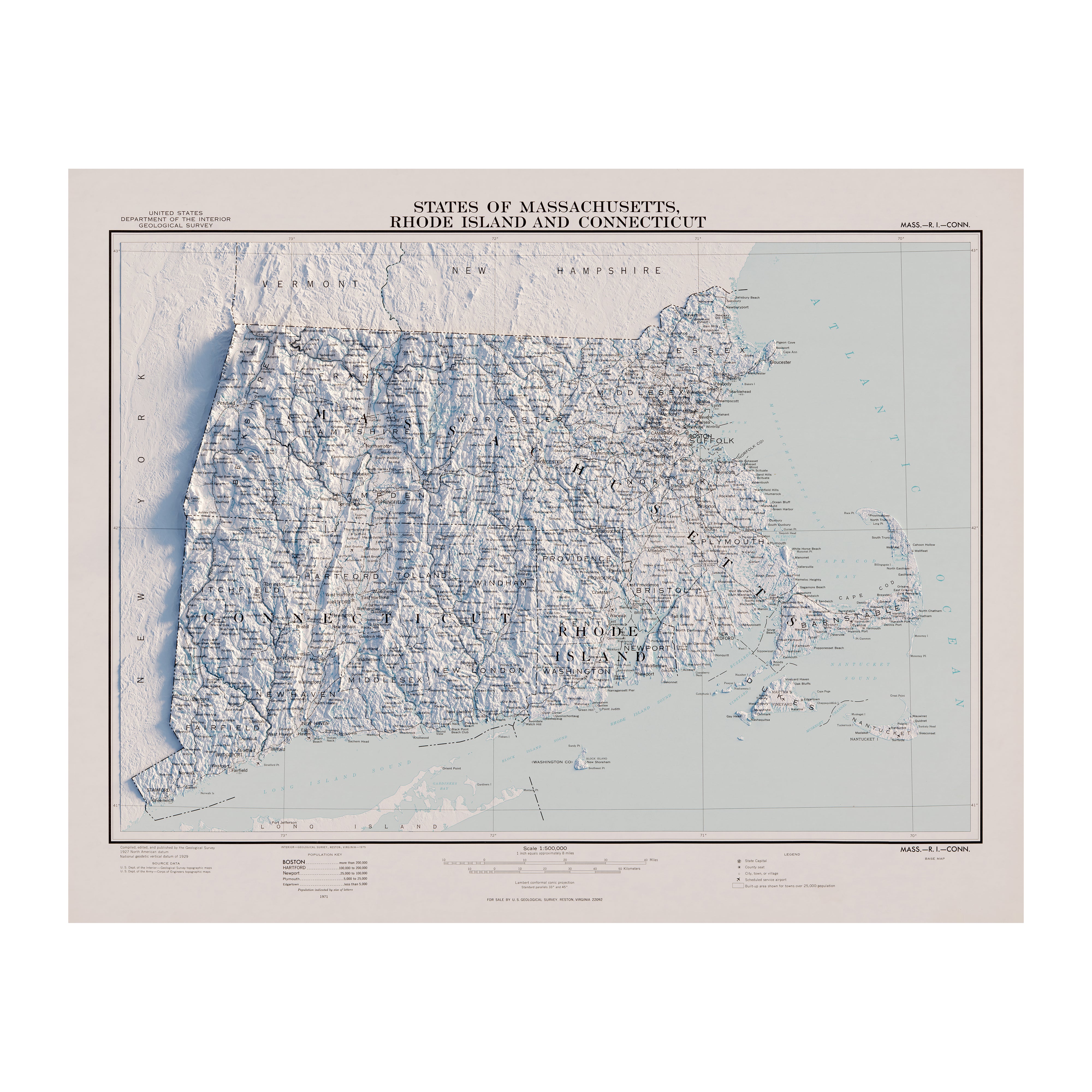 Vintage Massachusetts, Rhode Island, & Connecticut Relief Map - 1975